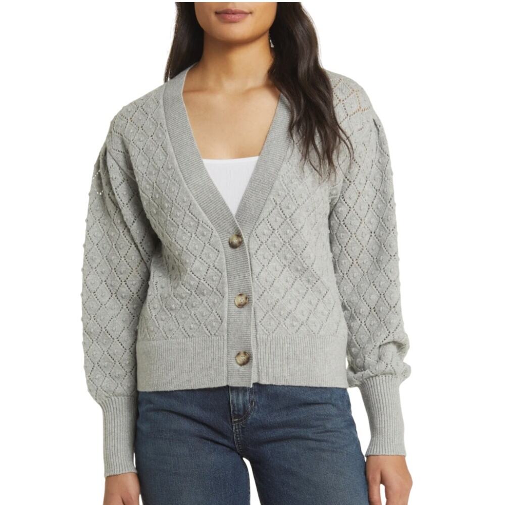 Caslon XS NEW Pointelle Deep V Neck Cardigan Sweater Gray Normcore Grandpa